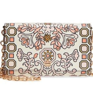 Tory Burch Hicks Garden Party Leather Bag Wallet Chain Crossbody Pink
